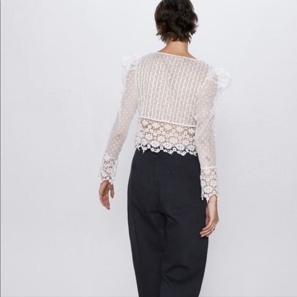 NWT ZARA Dotted Mesh Top/Crocheted hem embellished w/Beading/Pearls Sheer Blouse - Picture 8 of 13